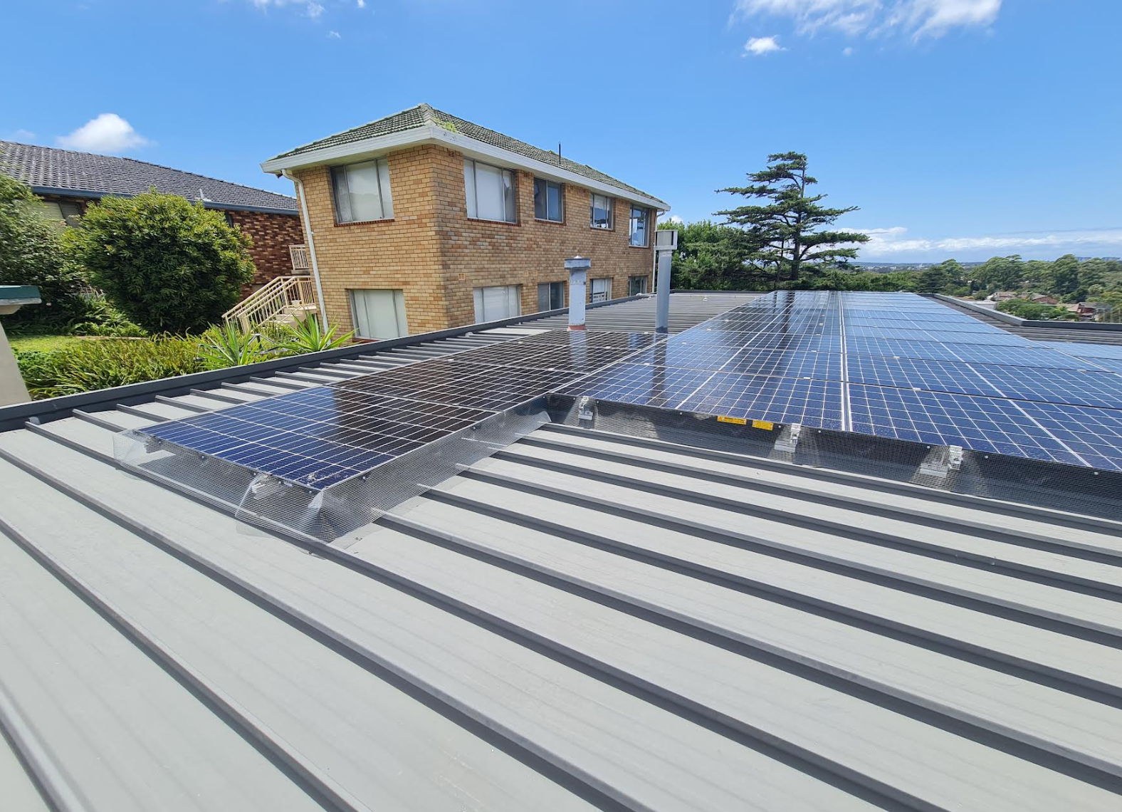 Bird mesh fitted around a rooftop solar array